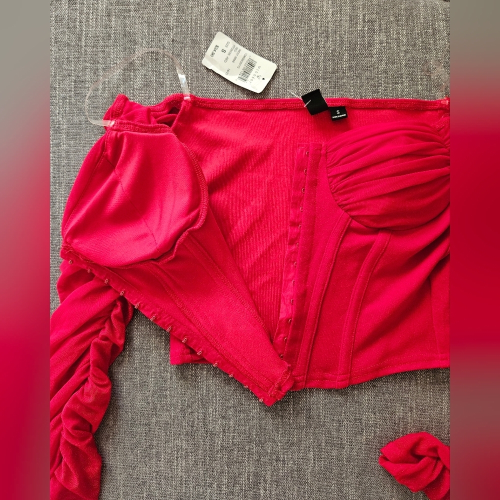WINDSOR Downtown Looks Long Sleeve Mesh Bustier Corset Off The Shoulders Red Top - Picture 9 of 12